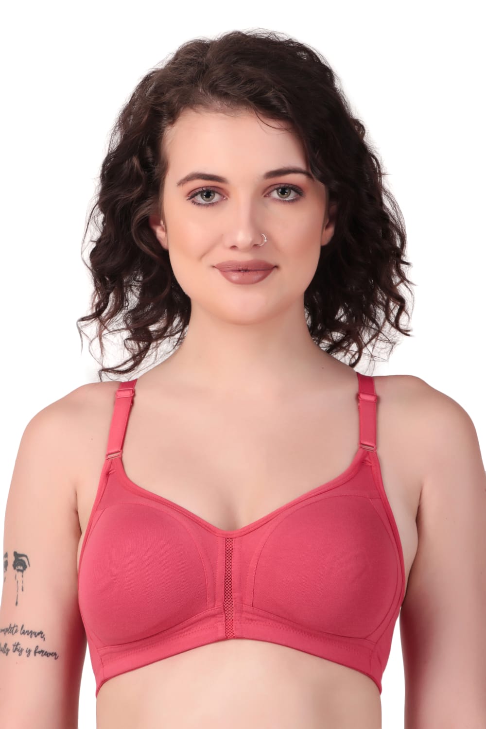 front view woman wearing Liamoure best seamless bra Medium Coverage Non-Wired Non Padded bra for woman  in red color bra