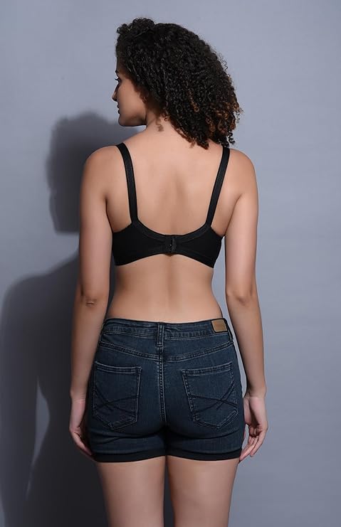 Liamoure Seamless Molded Cup Non Padded Bra for Women in black, featuring non-wired support and soft cotton fabric for everyday comfort. Back view