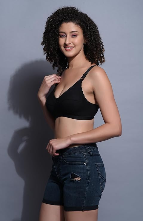 Liamoure Seamless Molded Cup Non Padded Bra for Women in black, featuring non-wired support and soft cotton fabric for everyday comfort. Side View