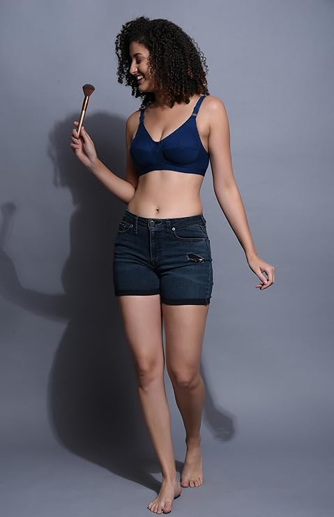 Liamoure Seamless Molded Cup Non Padded Bra for Women in navy blue, featuring non-wired support and soft cotton fabric for everyday comfort. Side View