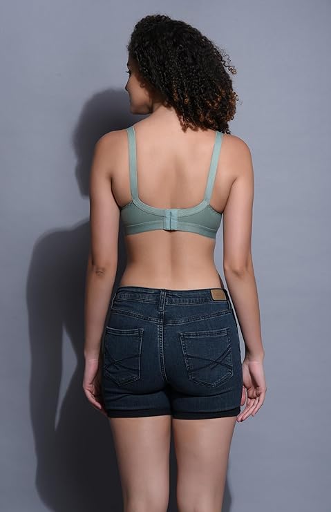 Liamoure Seamless Molded Cup Non Padded Bra for Women in sea green, featuring non-wired support and soft cotton fabric for everyday comfort. back view