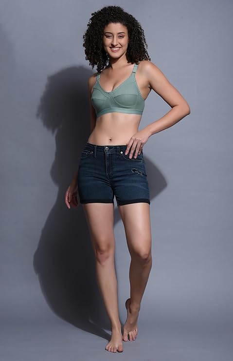 Liamoure Seamless Molded Cup Non Padded Bra for Women in sea green, featuring non-wired support and soft cotton fabric for everyday comfort.