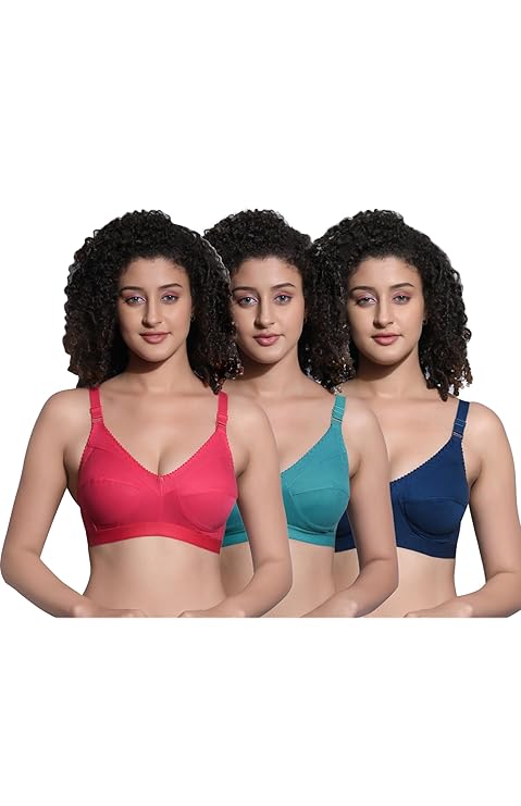Liamoure Seamless Molded Cup Non Padded Bra for Women in navy blue, red, and sky blue featuring non-wired support and soft cotton fabric for everyday comfort.
