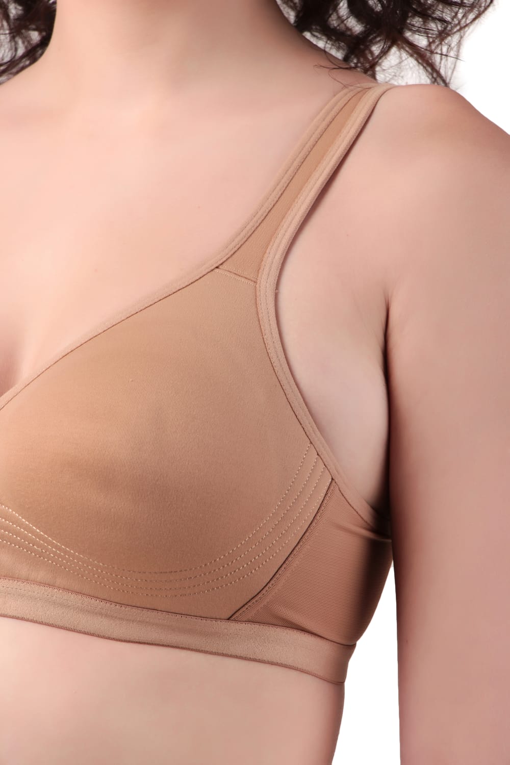 Close-up of Liamoure Stylish Bra in nude beige, highlighting breathable cotton and seamless non padded cups.