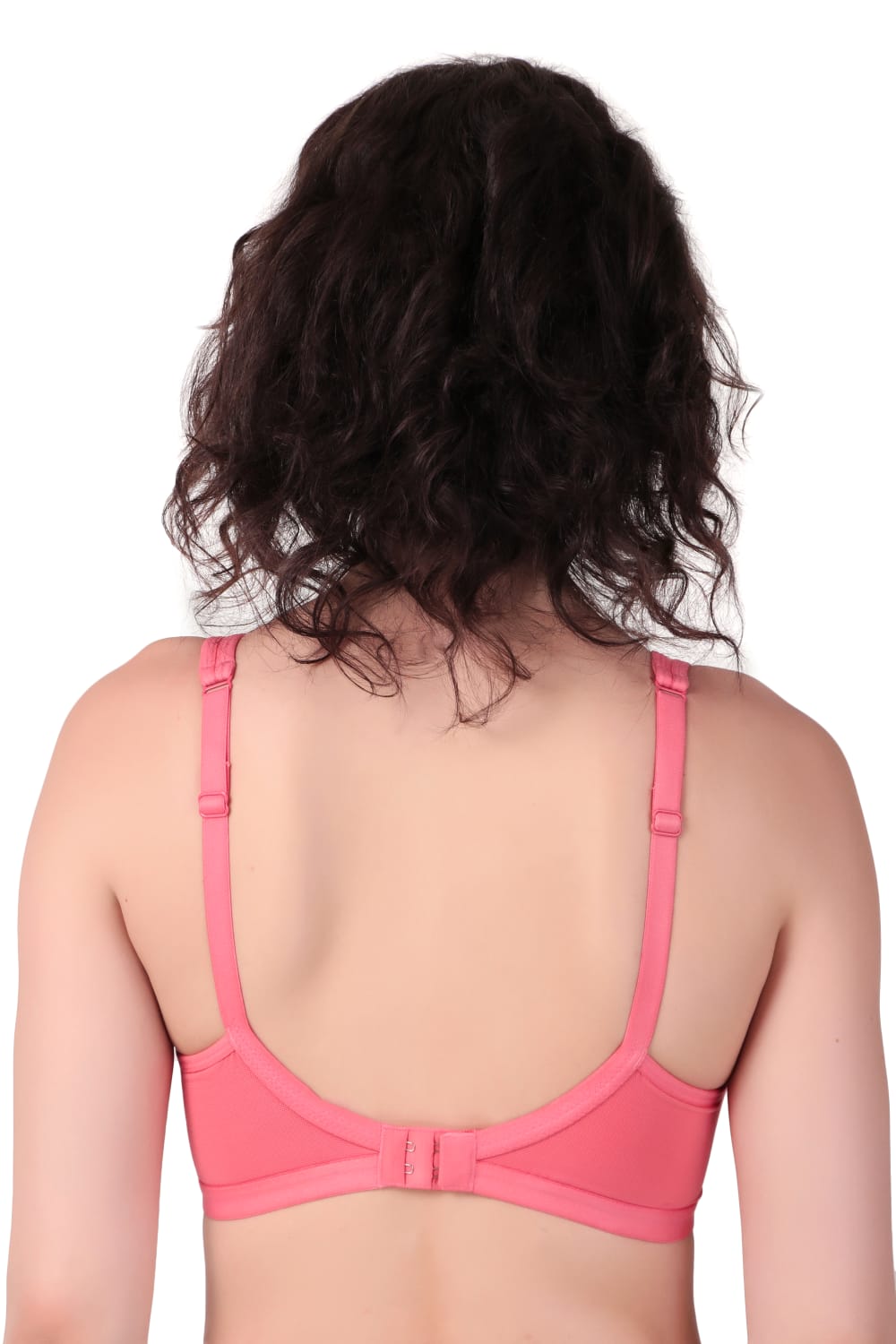 Back view of Liamoure Stylish Bra in coral pink with adjustable straps and hook closure for a secure fit.