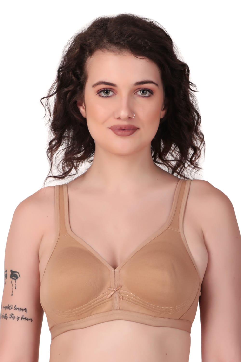Front view of Liamoure Stylish Bra in nude beige, designed with seamless cups and non wired comfort for everyday use.