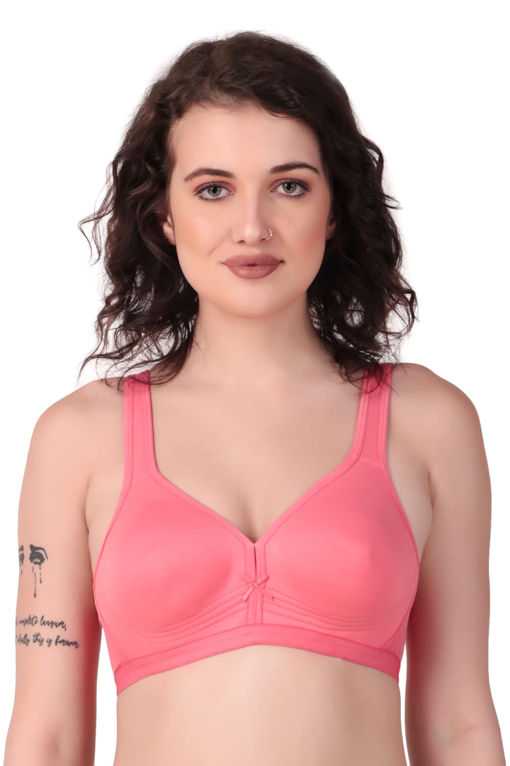 Front view of Liamoure Stylish Bra in coral pink, featuring seamless cups and wide straps for everyday comfort and support.