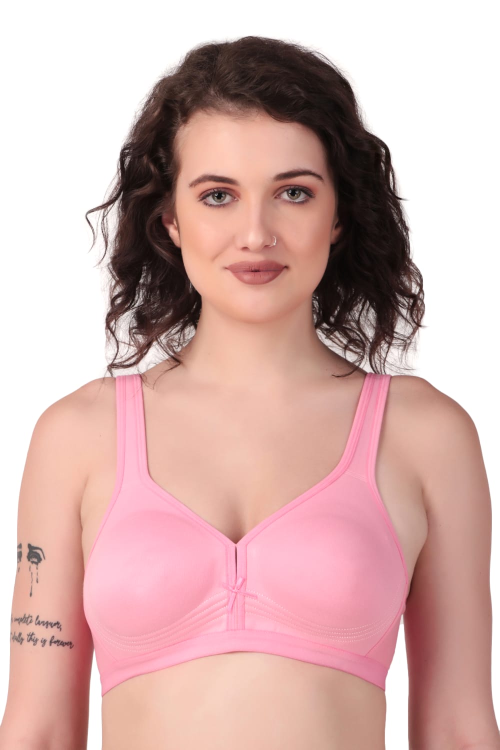 Front view of Liamoure Stylish Bra in light pink, featuring seamless cups and non wired structure for comfort wear.