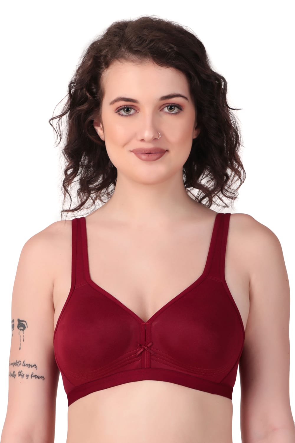 Front view of Liamoure Stylish Bra in maroon, featuring wide straps and non wired support for everyday use.