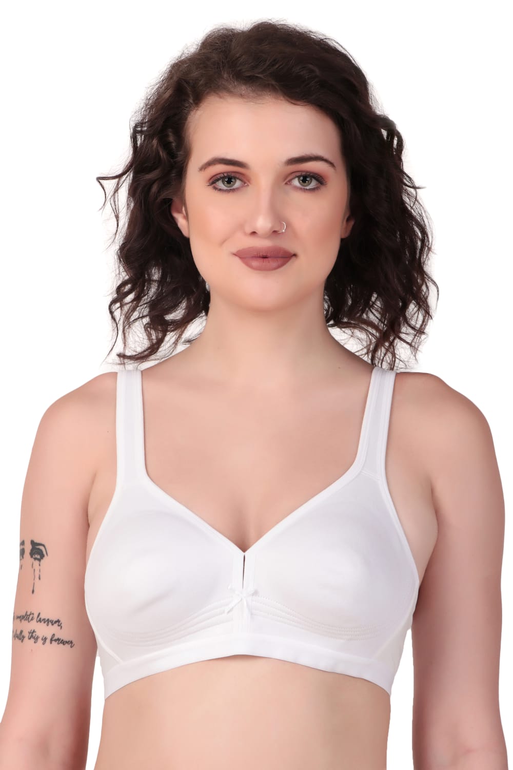Front view of Liamoure Stylish Bra in white, medium coverage non padded bra with seamless and non wired design.