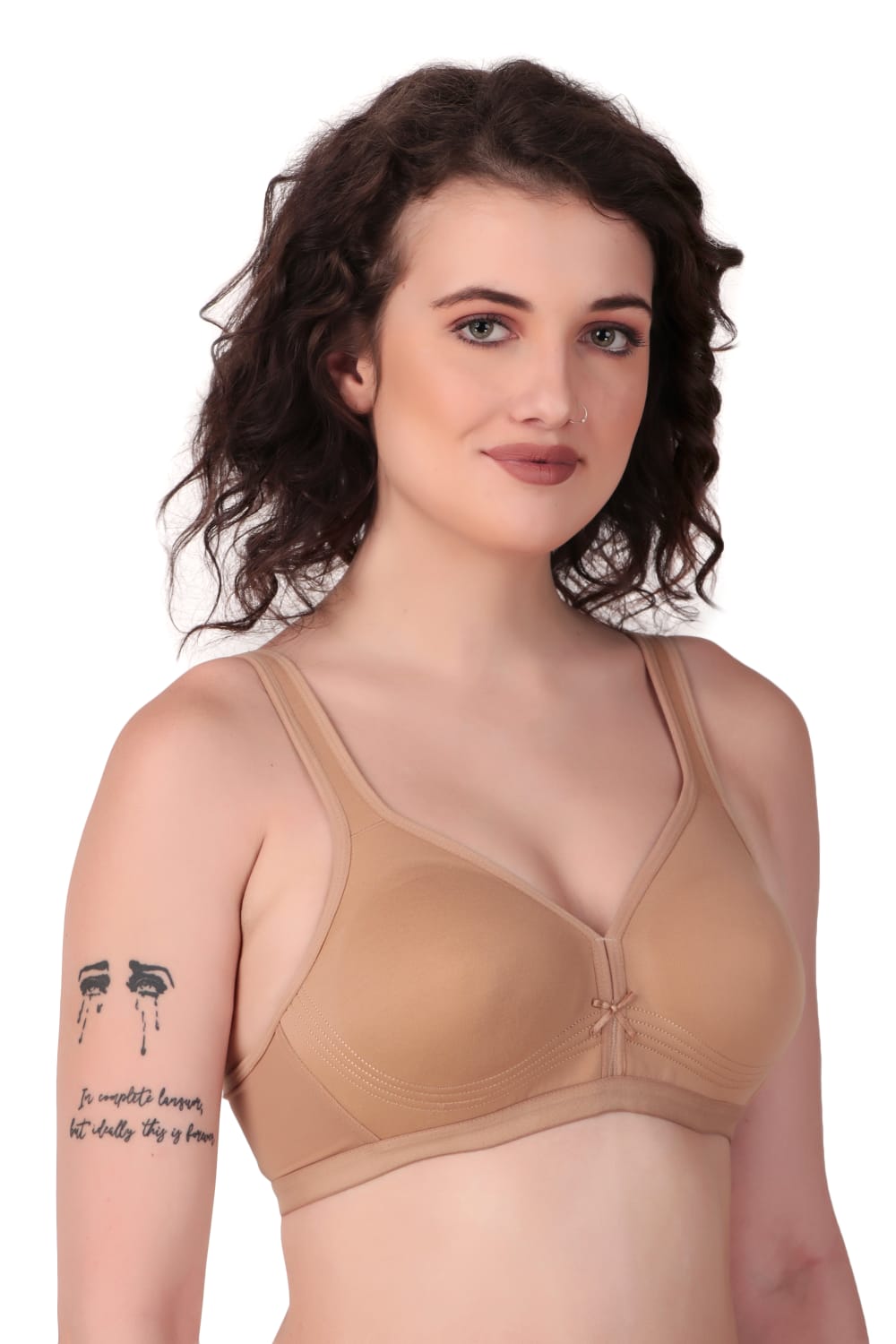 Side view of Liamoure Stylish Bra in nude beige, featuring soft cotton fabric and wide straps for daily support.