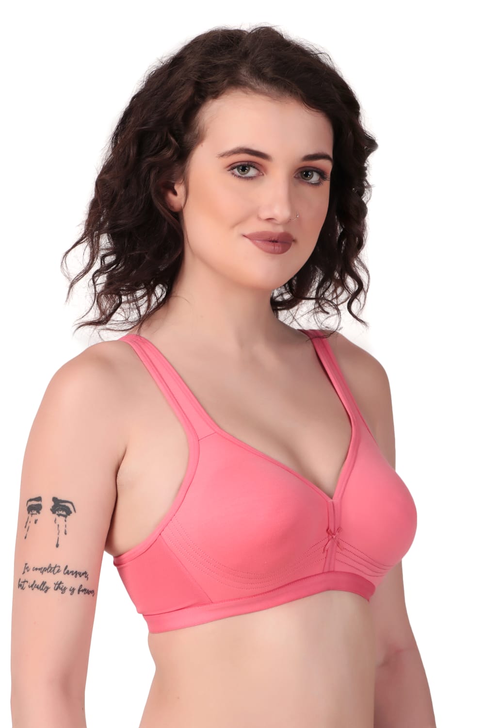 Side view of Liamoure Stylish Bra in coral pink, showcasing non wired, non padded cotton fabric ideal for daily wear.
