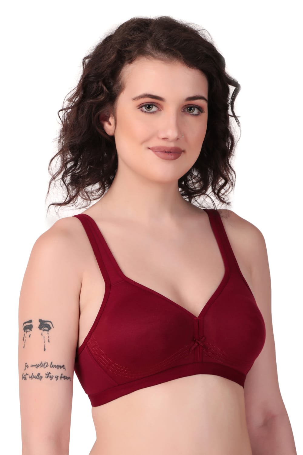 Side view of Liamoure Stylish Bra in maroon, designed with seamless cups and soft cotton fabric for comfort.