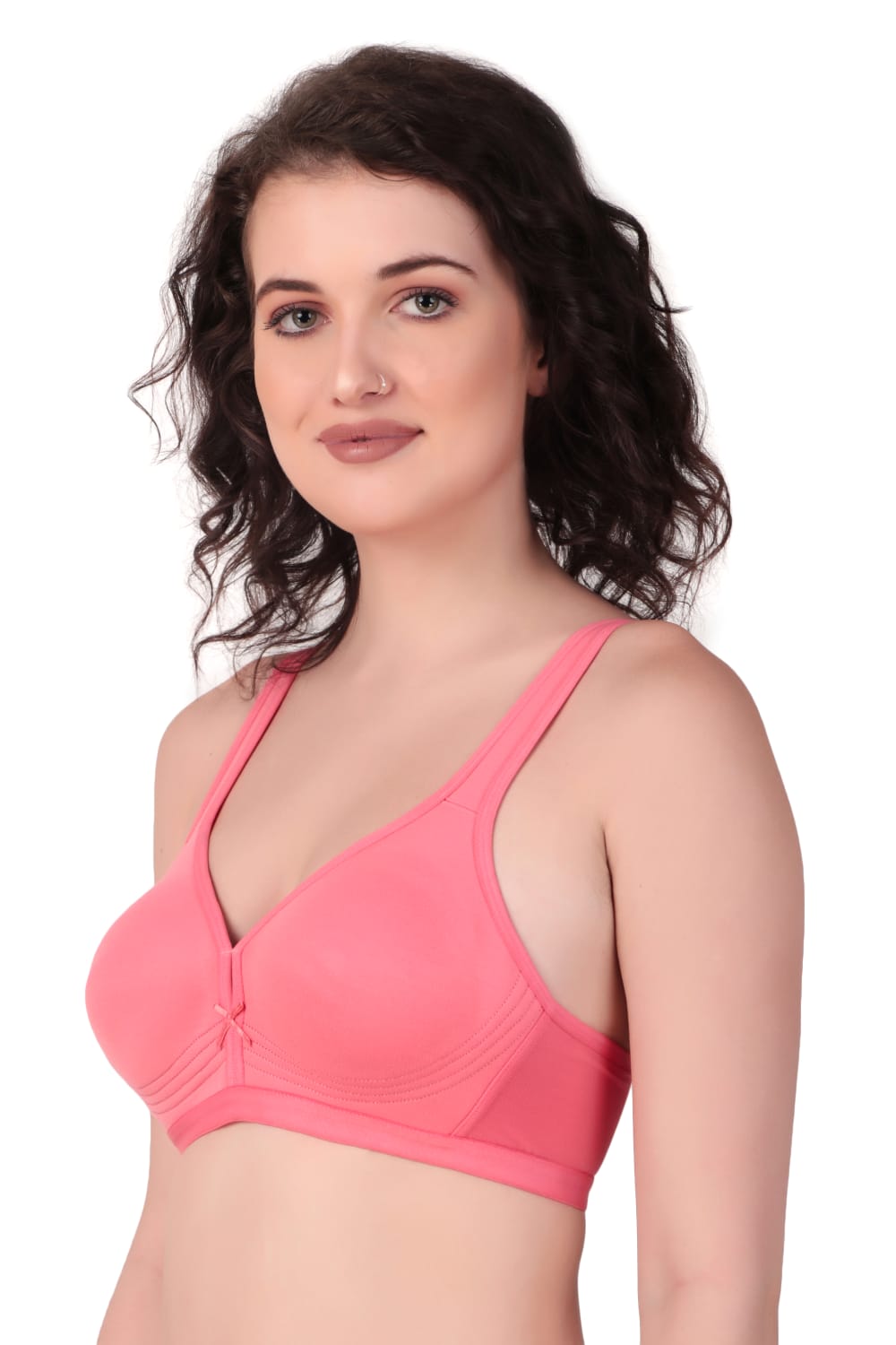 Liamoure Stylish Bra in coral pink with medium coverage, non padded and non wired design for seamless comfort in lingerie collection.