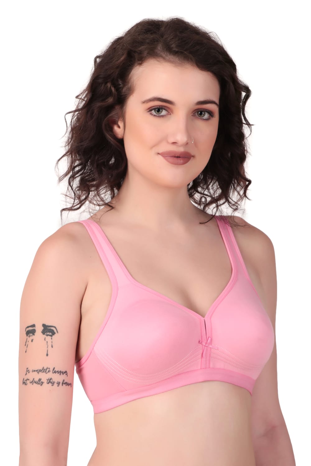 Side view of Liamoure Stylish Bra in light pink, crafted from soft cotton with wide straps for everyday support.