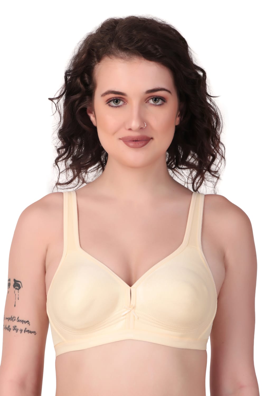 Front view of Liamoure Stylish Bra in light beige, showcasing wide straps and non wired structure for comfort.