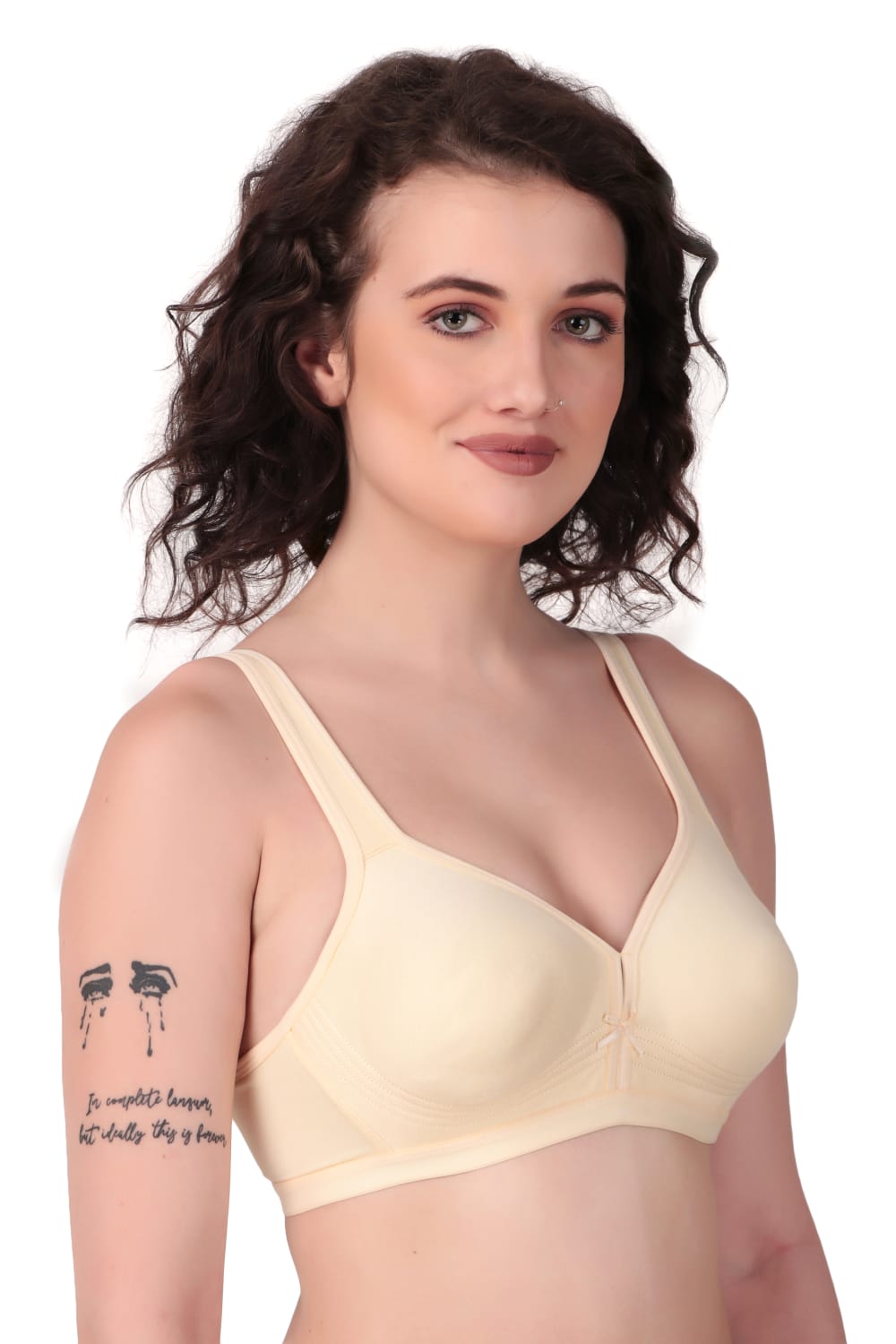 Side view of Liamoure Stylish Bra in light beige, crafted from breathable cotton with seamless support.