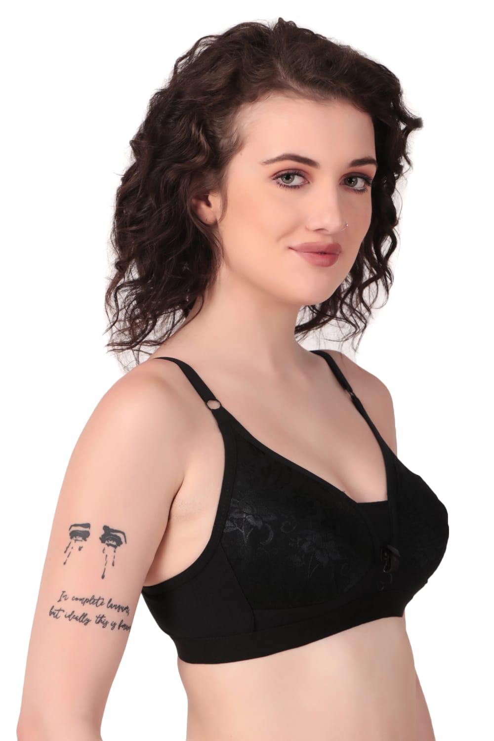 side view of Liamoure Stylish Elegant Designer non padded t shirt bra non wired in black color
