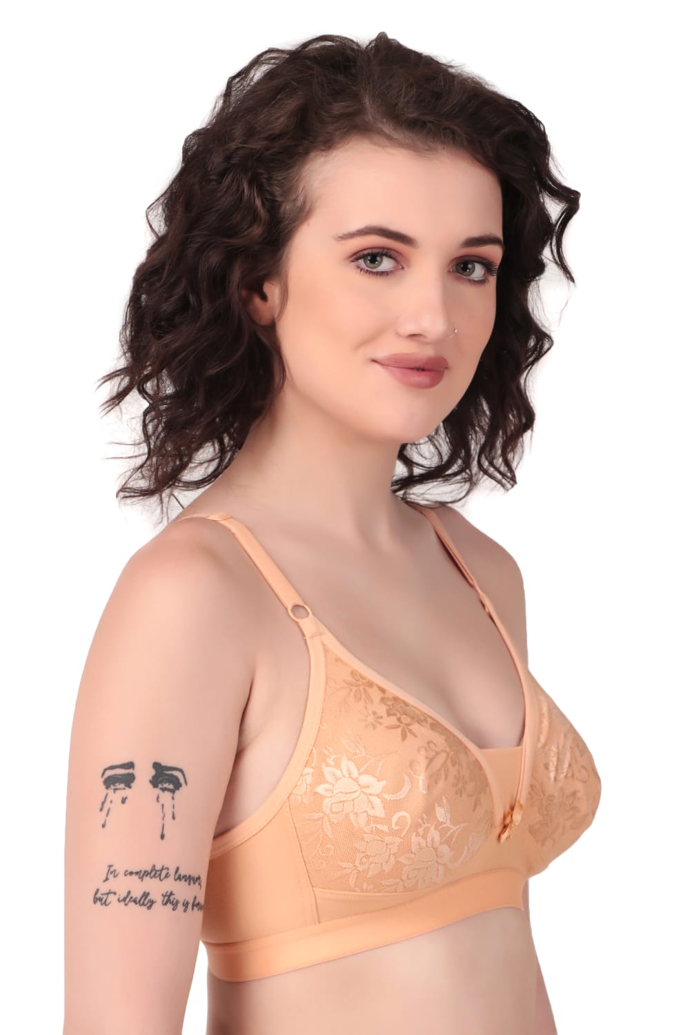 side view of Liamoure Stylish Elegant Designer non padded t shirt bra non wired in golden brown color