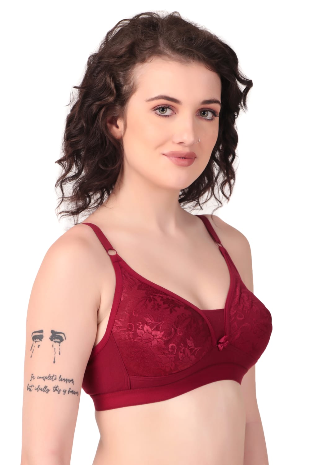 side view of Liamoure Stylish Elegant Designer non padded t shirt bra non wired in majenta color
