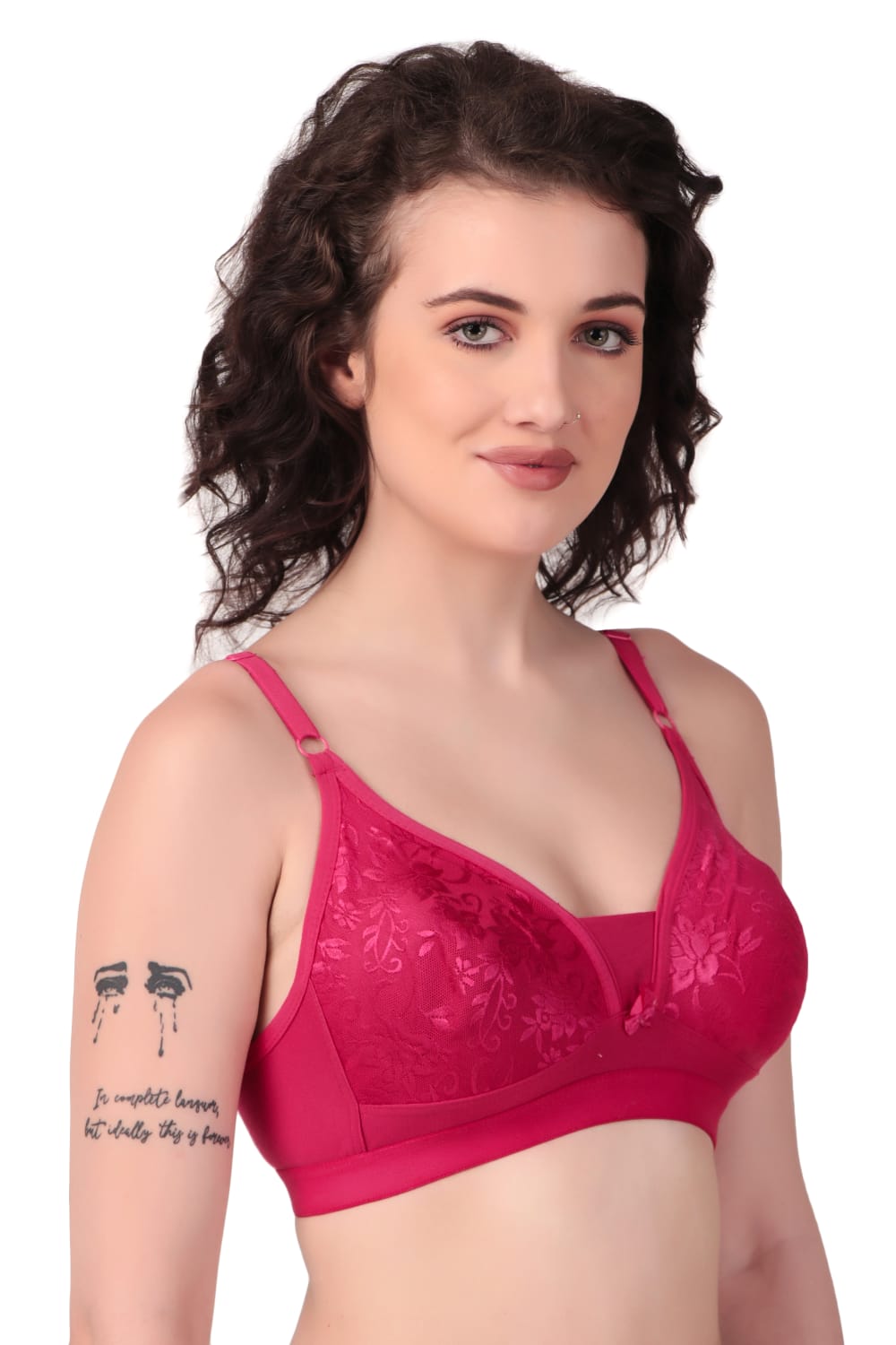 side view of Liamoure Stylish Elegant Designer non padded t shirt bra non wired in pink color
