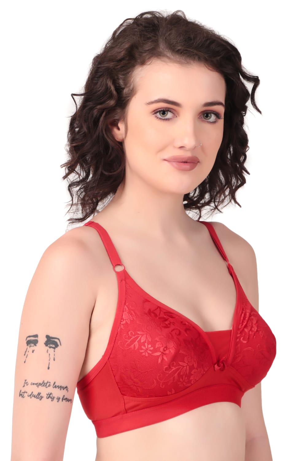 side view of Liamoure Stylish Elegant Designer non padded t shirt bra non wired in red color