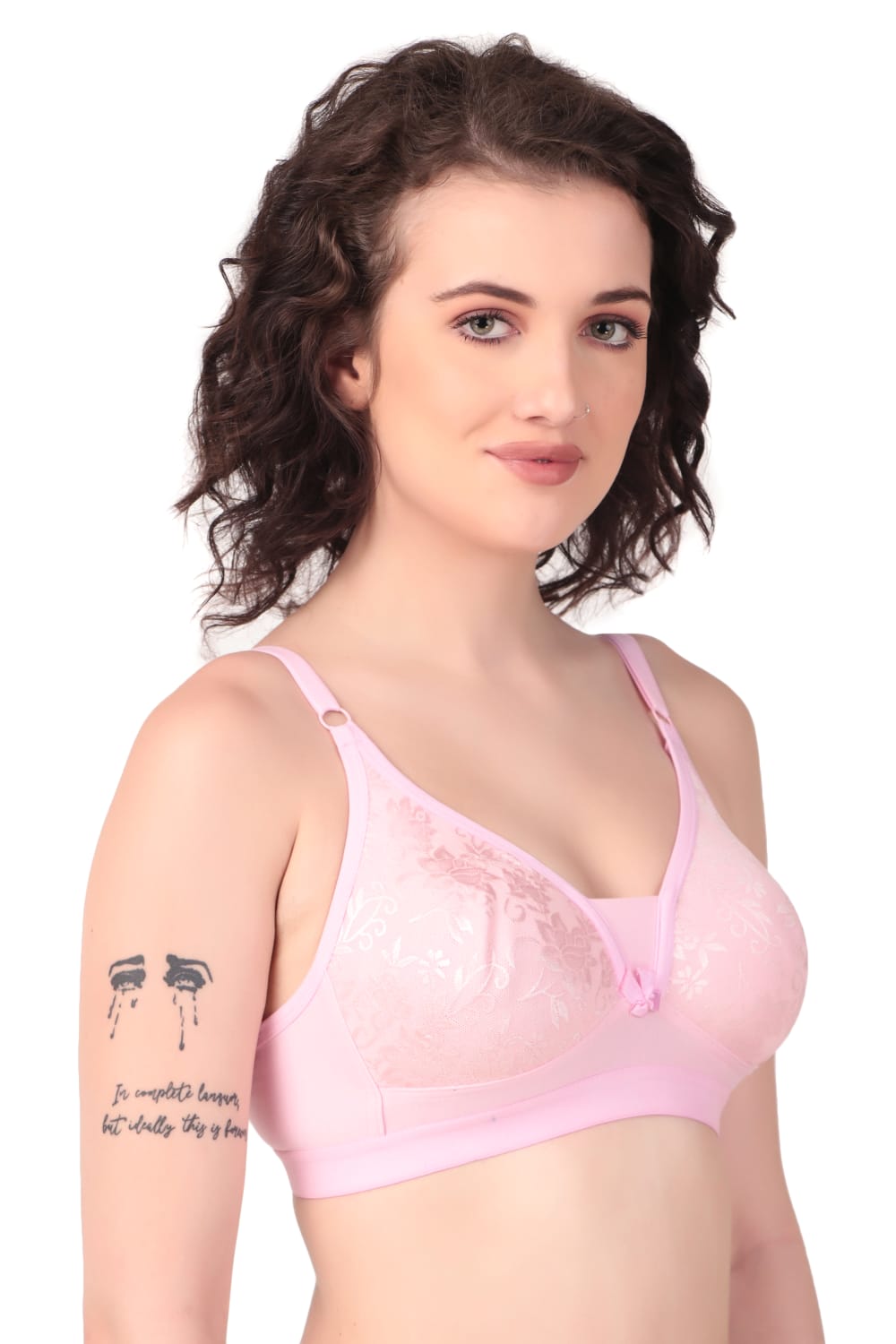 side view of Liamoure Stylish Elegant Designer non padded t shirt bra non wired in baby pink color