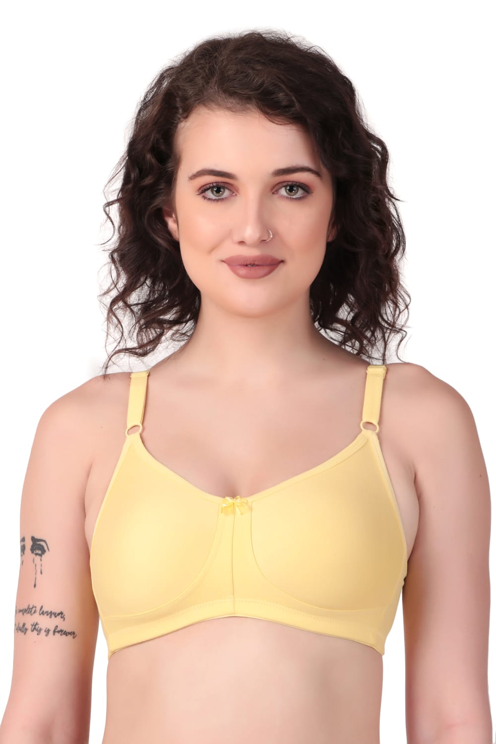 woman wearing Liamoure Stylish t shirt bra for women Medium Coverage Non Padded in yellow color bra 