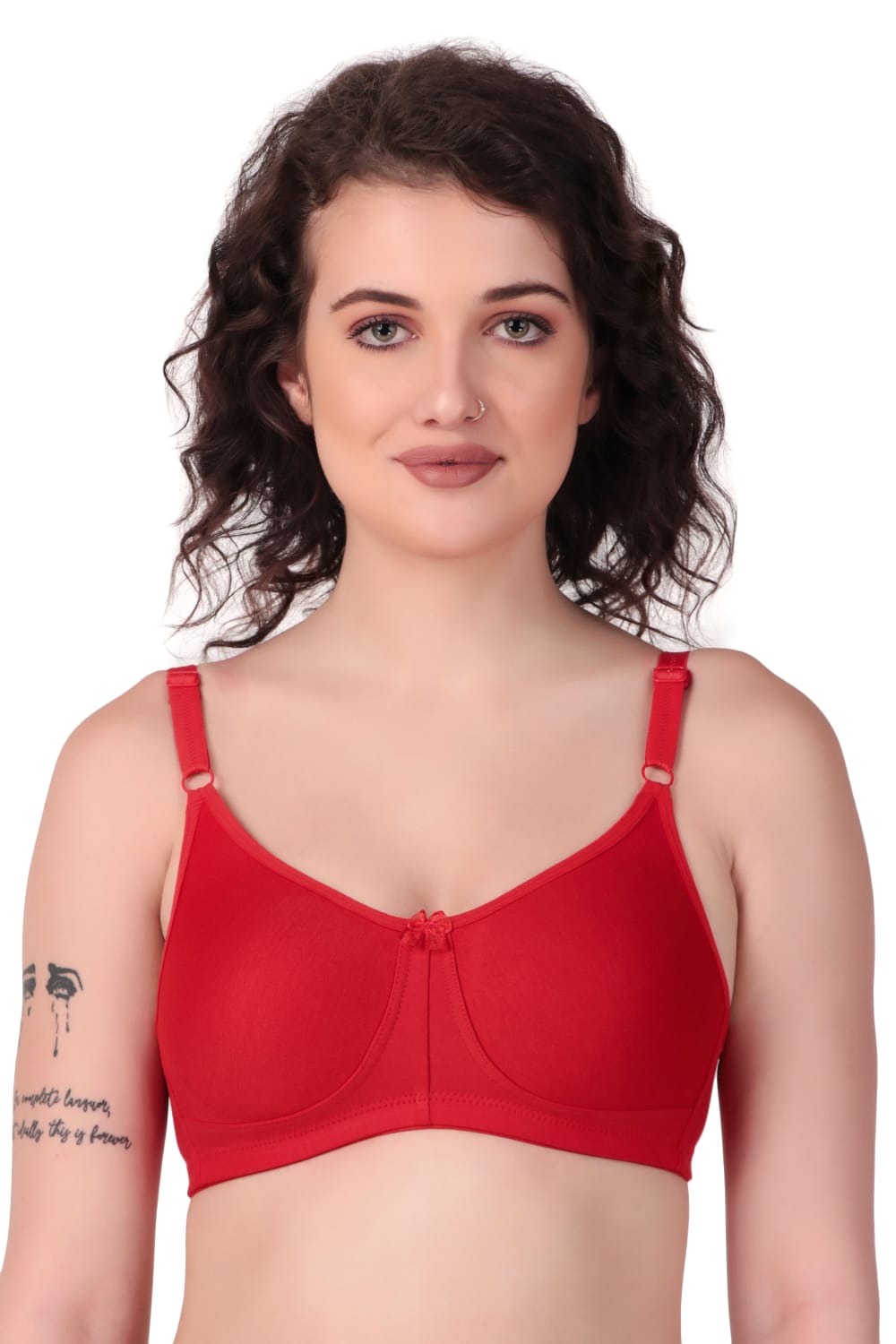 woman wearing Liamoure Stylish t shirt bra for women Medium Coverage Non Padded in red color bra 