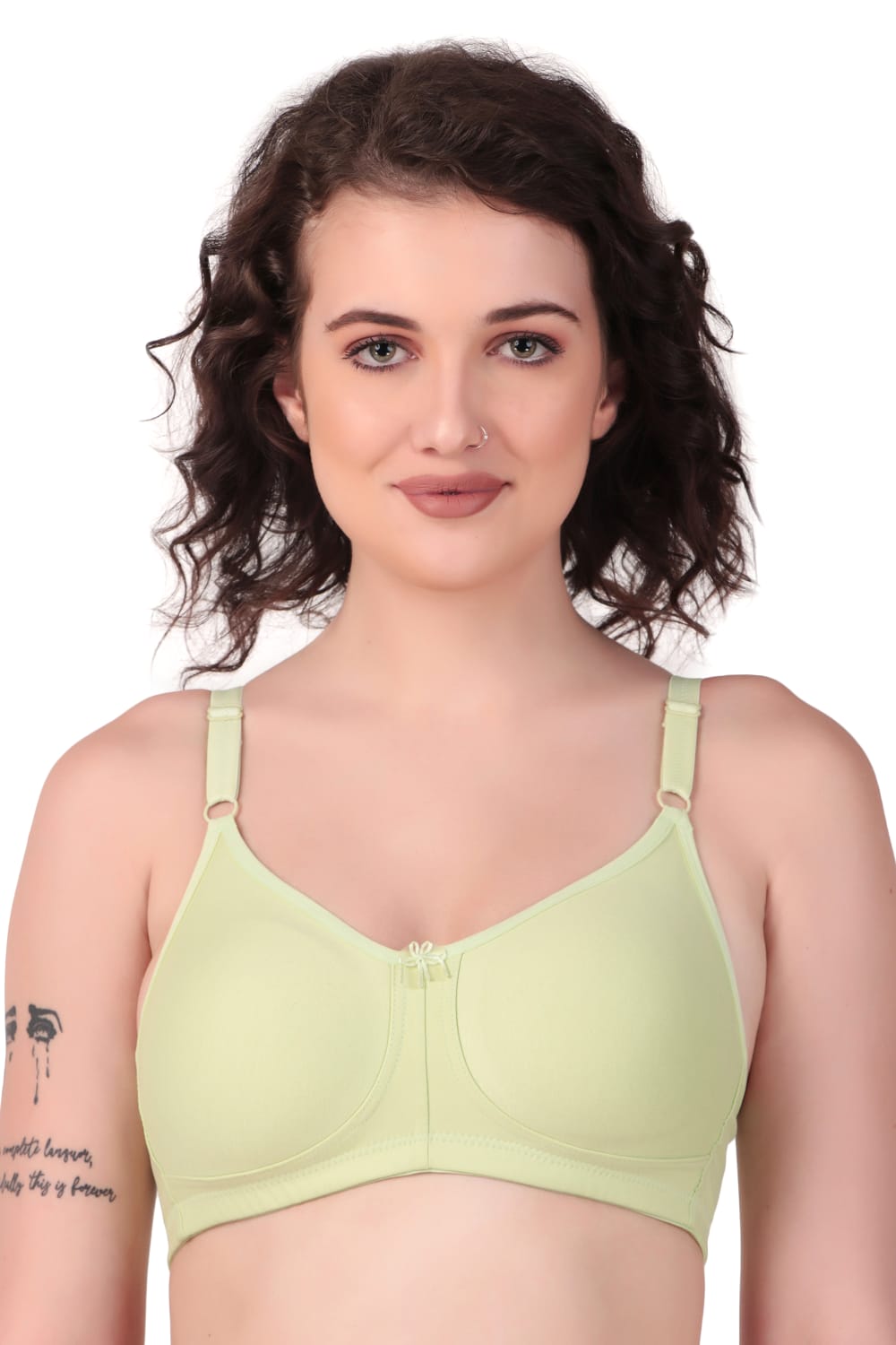 woman wearing Liamoure Stylish t shirt bra for women Medium Coverage Non Padded in green color bra 