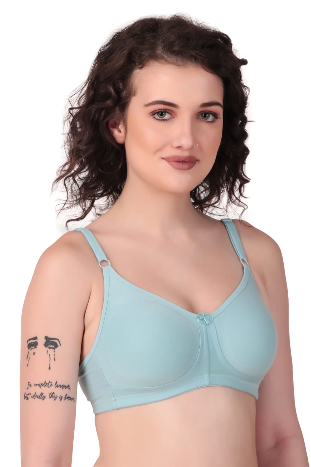 left side view of woman wearing Liamoure Stylish t shirt bra for women Medium Coverage Non Padded in sky blue color bra 