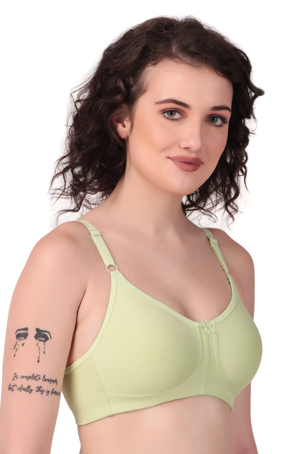left side view of woman wearing Liamoure Stylish t shirt bra for women Medium Coverage Non Padded in green color bra 