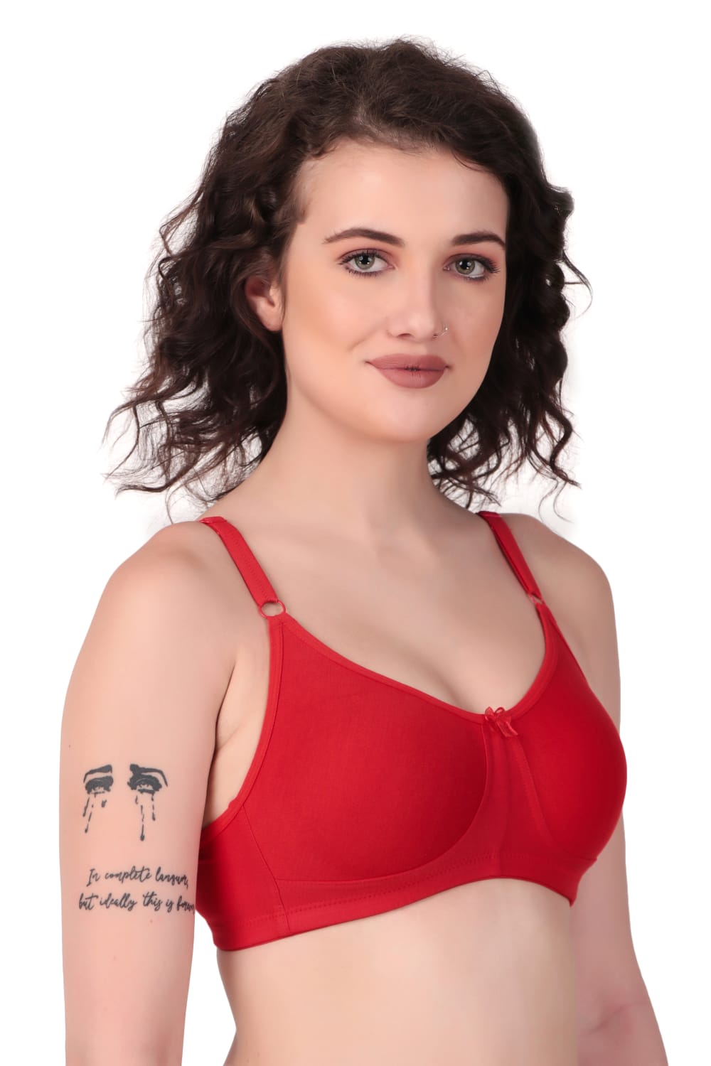 left side view of woman wearing Liamoure Stylish t shirt bra for women Medium Coverage Non Padded in red color bra 