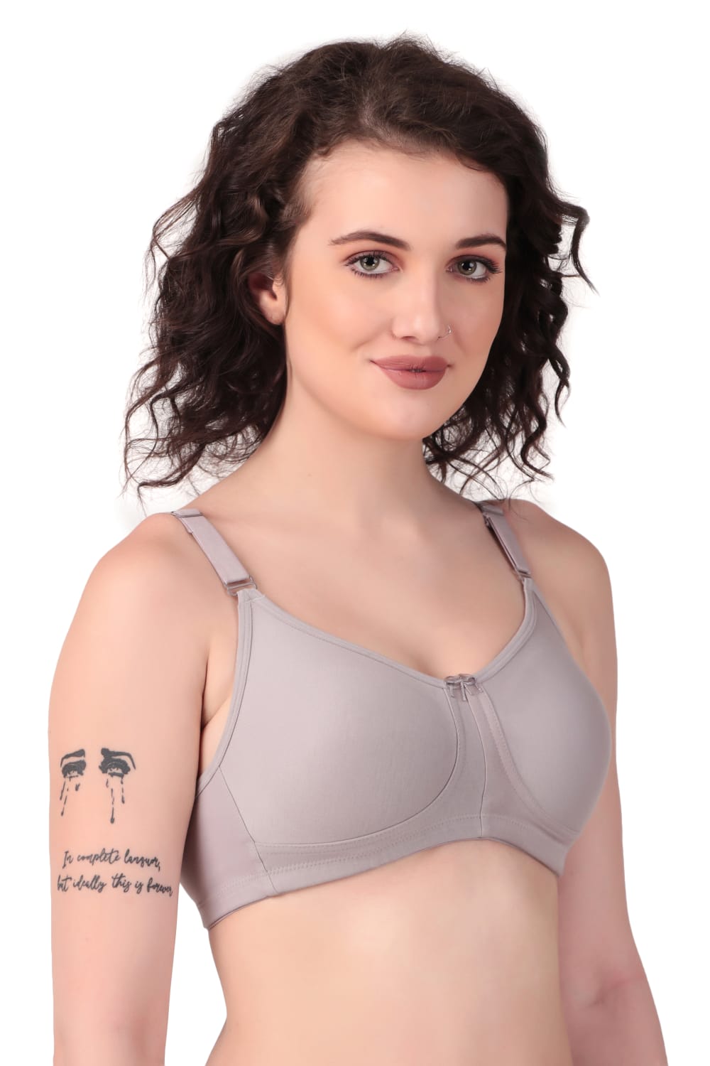 side view of woman wearing Liamoure Stylish t shirt bra for women Medium Coverage Non Padded in grey color bra 