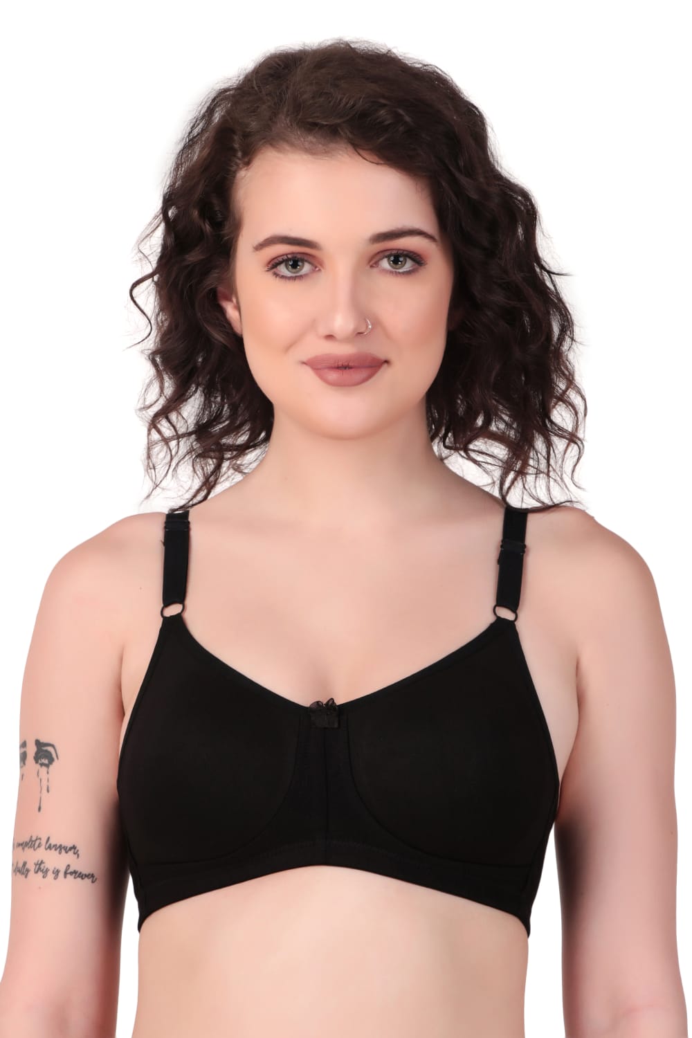 woman wearing Liamoure Stylish t shirt bra for women Medium Coverage Non Padded in black color bra 