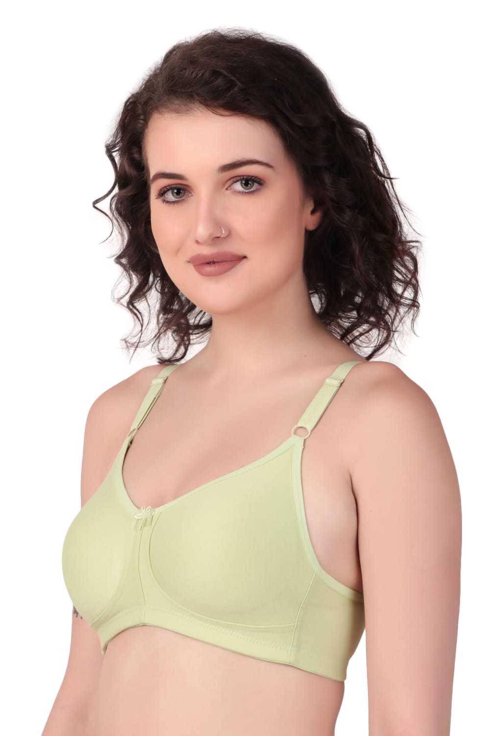 side view of woman wearing Liamoure Stylish t shirt bra for women Medium Coverage Non Padded in green color bra 