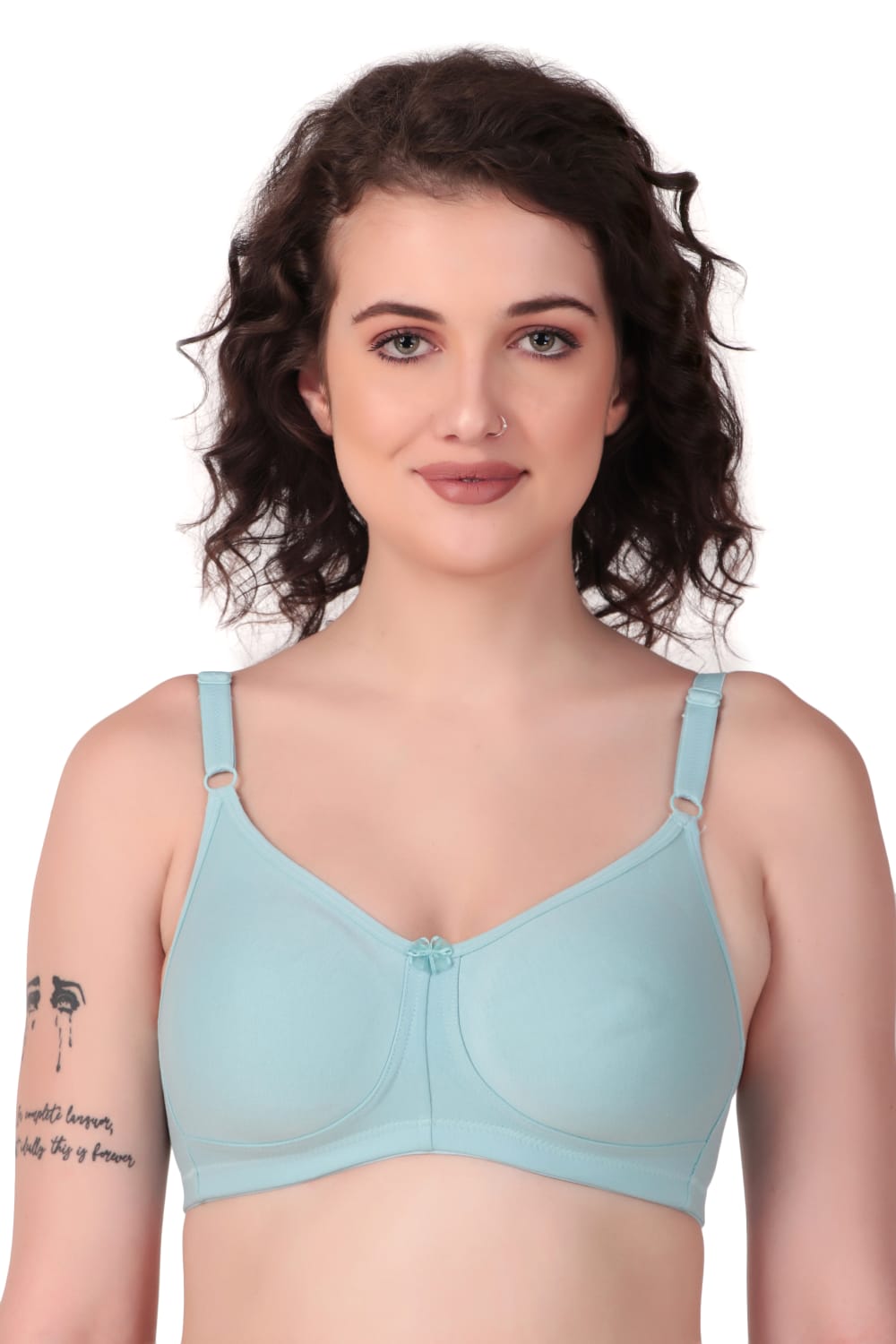 woman wearing Liamoure Stylish t shirt bra for women Medium Coverage Non Padded in sky blue color bra 