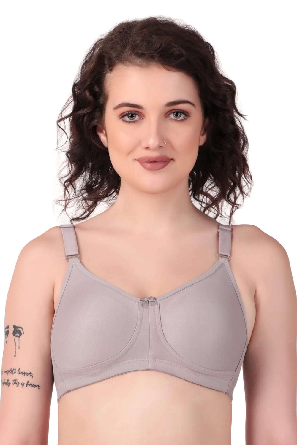 woman wearing Liamoure Stylish t shirt bra for women Medium Coverage Non Padded in grey color bra 