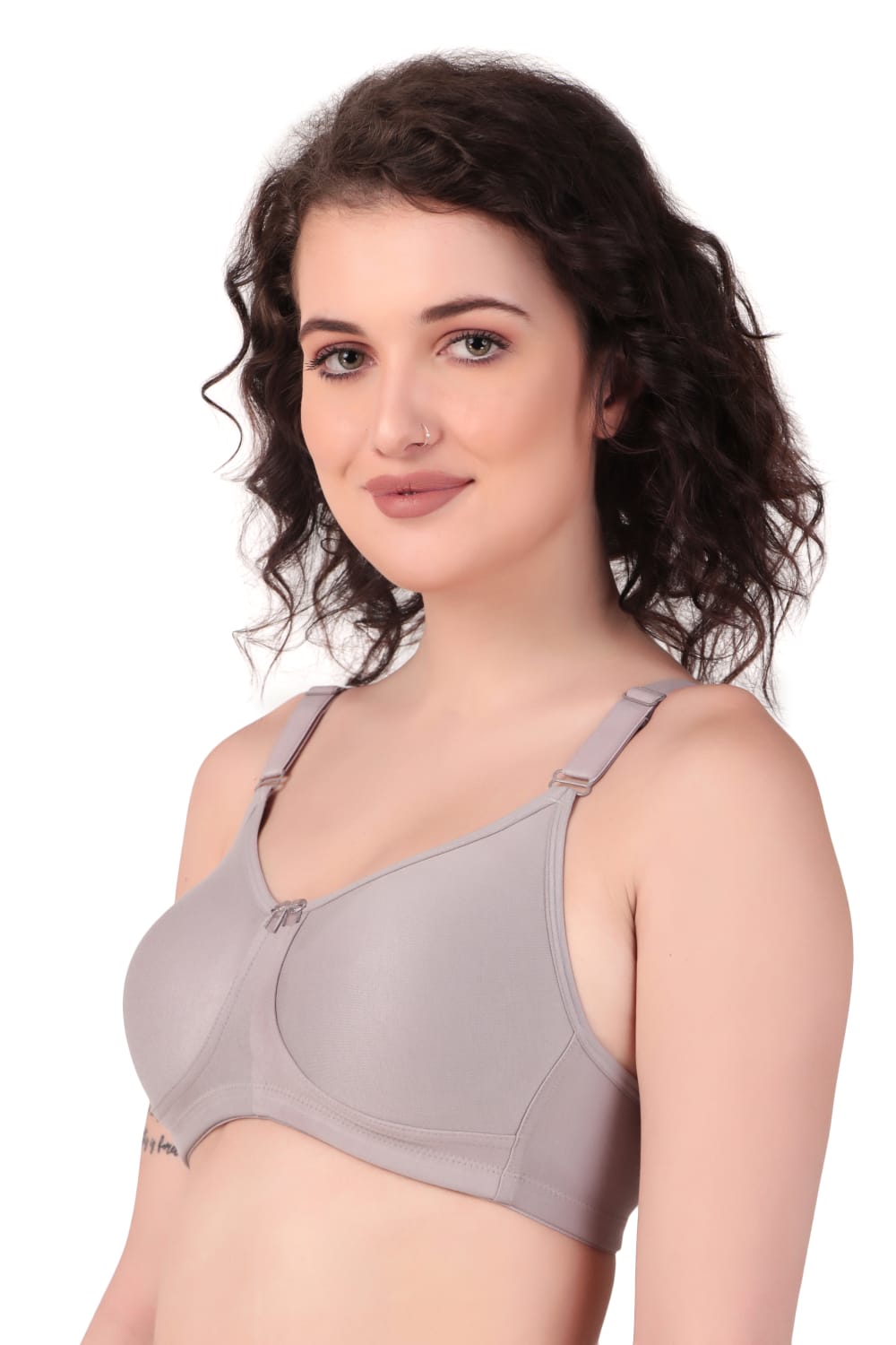 right side view of woman wearing Liamoure Stylish t shirt bra for women Medium Coverage Non Padded in grey  color bra 