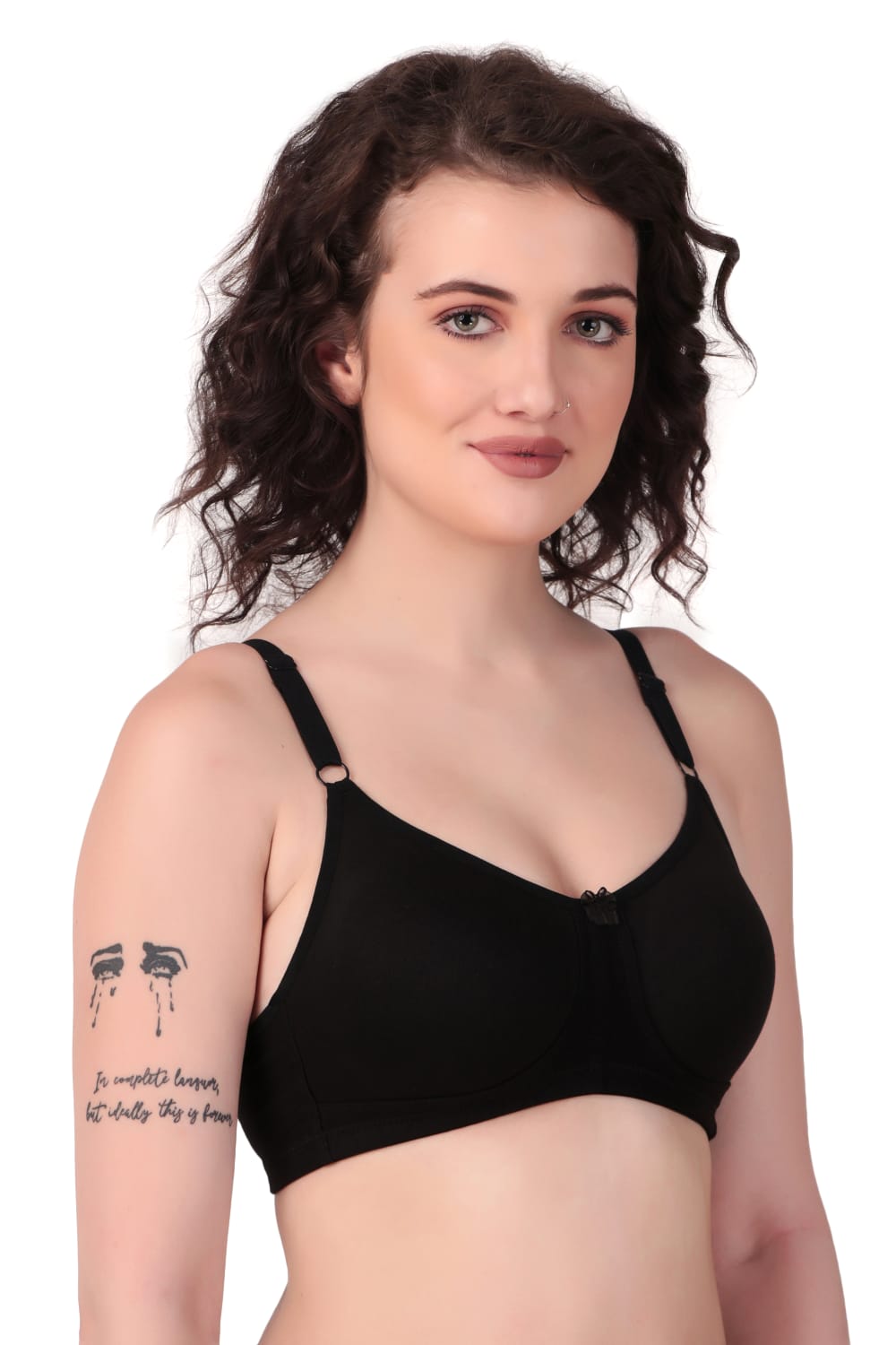 left side view of woman wearing Liamoure Stylish t shirt bra for women Medium Coverage Non Padded in black color bra 