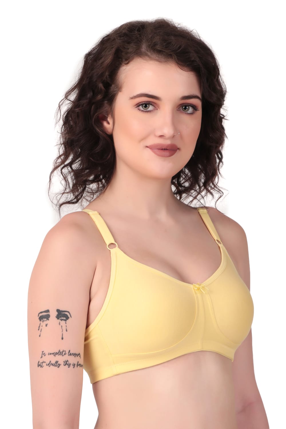 left side view of woman wearing Liamoure Stylish t shirt bra for women Medium Coverage Non Padded in yellow color bra 