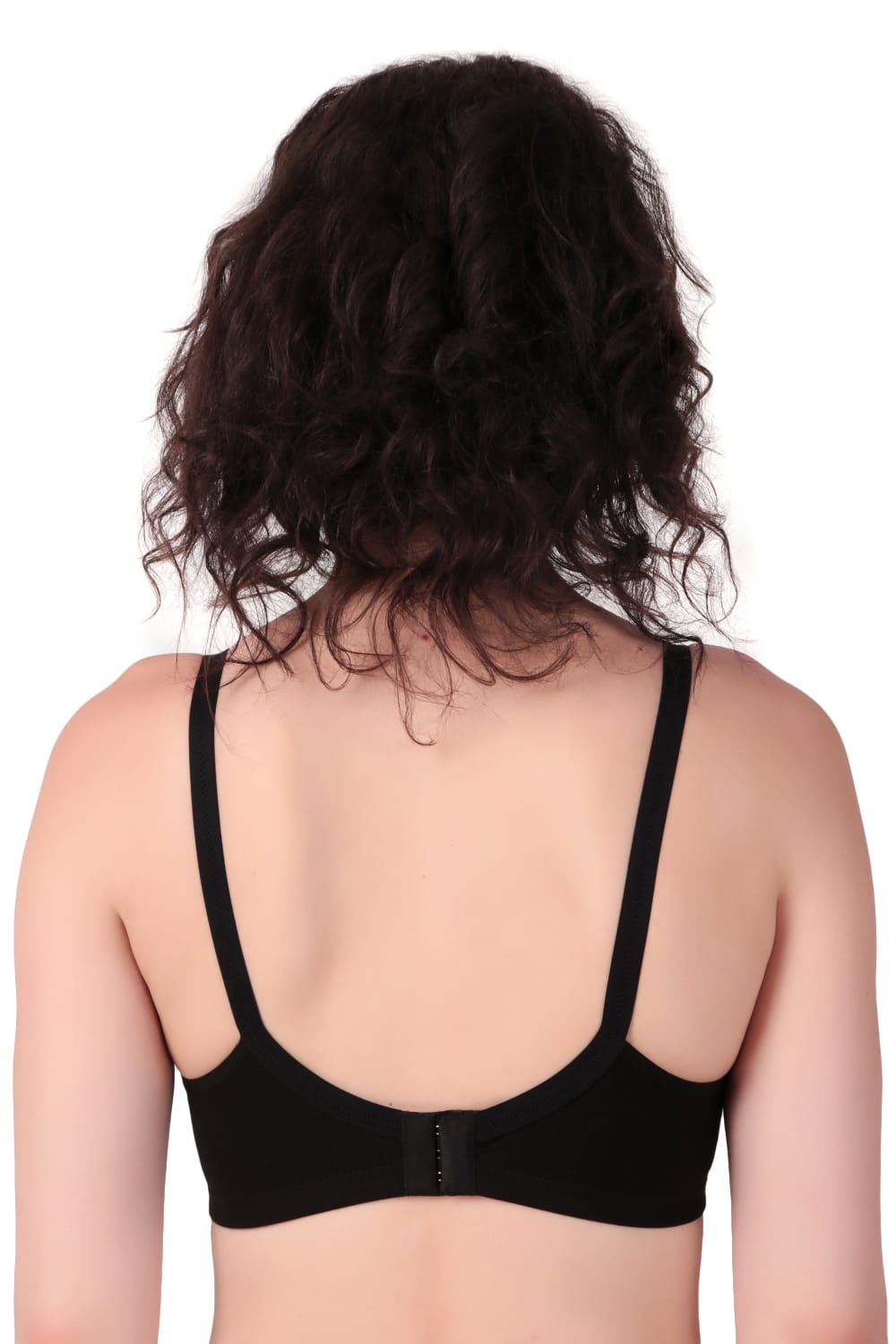 back view of woman wearing Liamoure Stylish t shirt bra for women Medium Coverage Non Padded in black color bra 