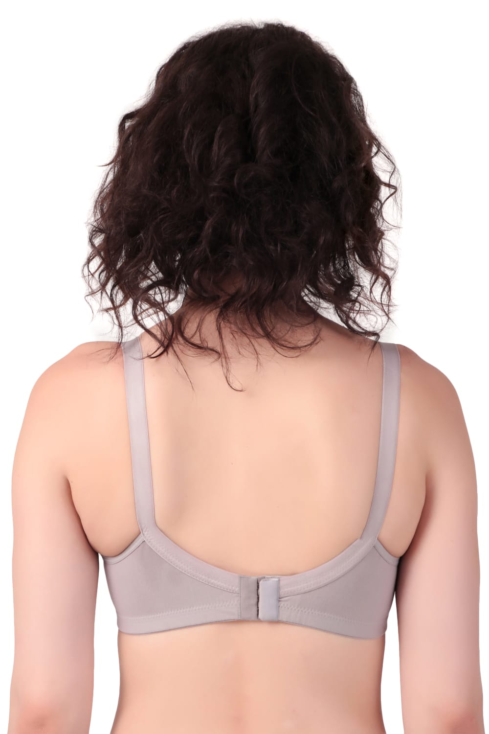 back view of woman wearing Liamoure Stylish t shirt bra for women Medium Coverage Non Padded in grey color bra 