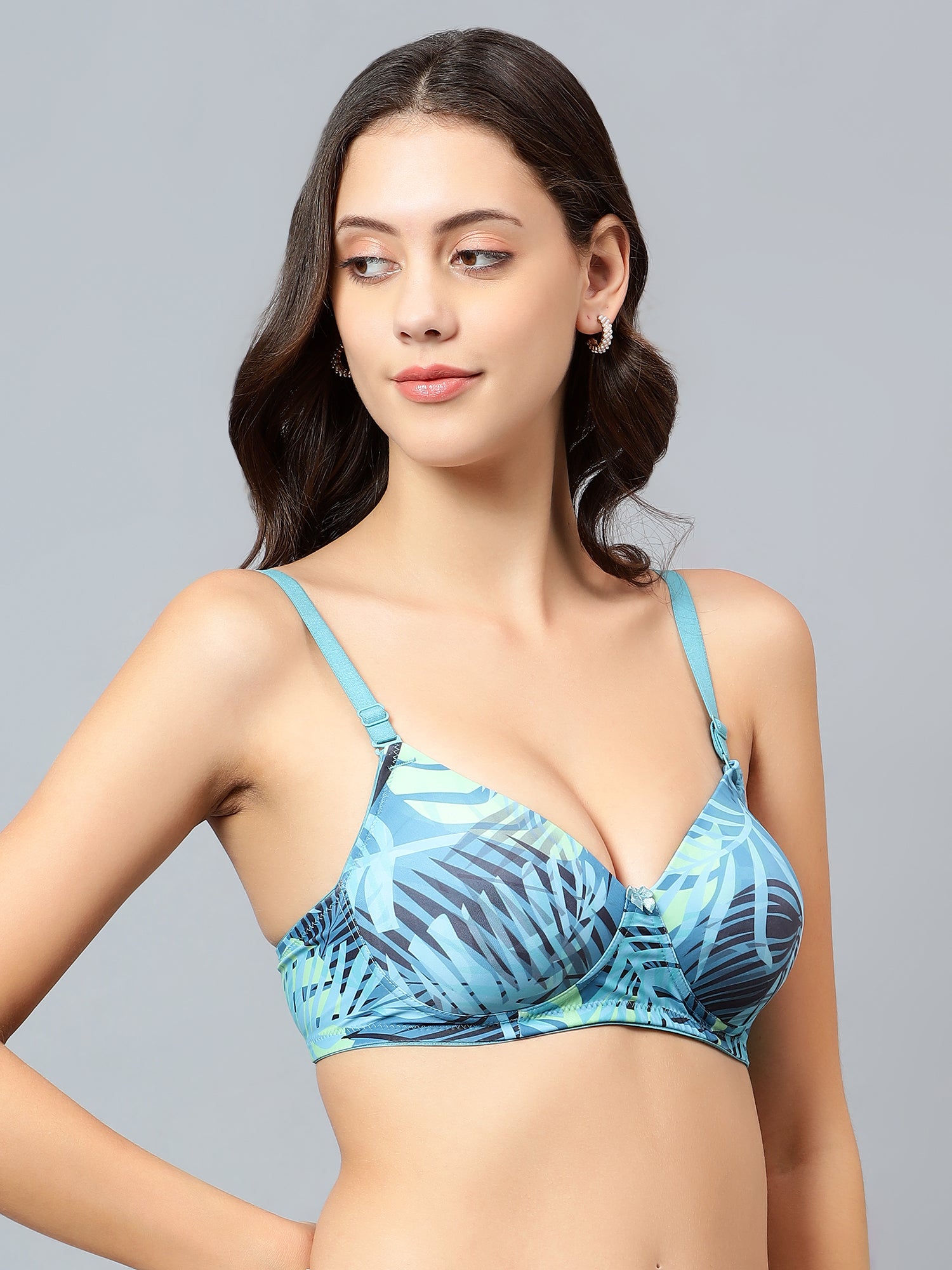Liamoure Tropical Waves non-wired padded T-shirt bra in a vibrant blue tropical print. Offers medium padding and a smooth, seamless look under clothing.