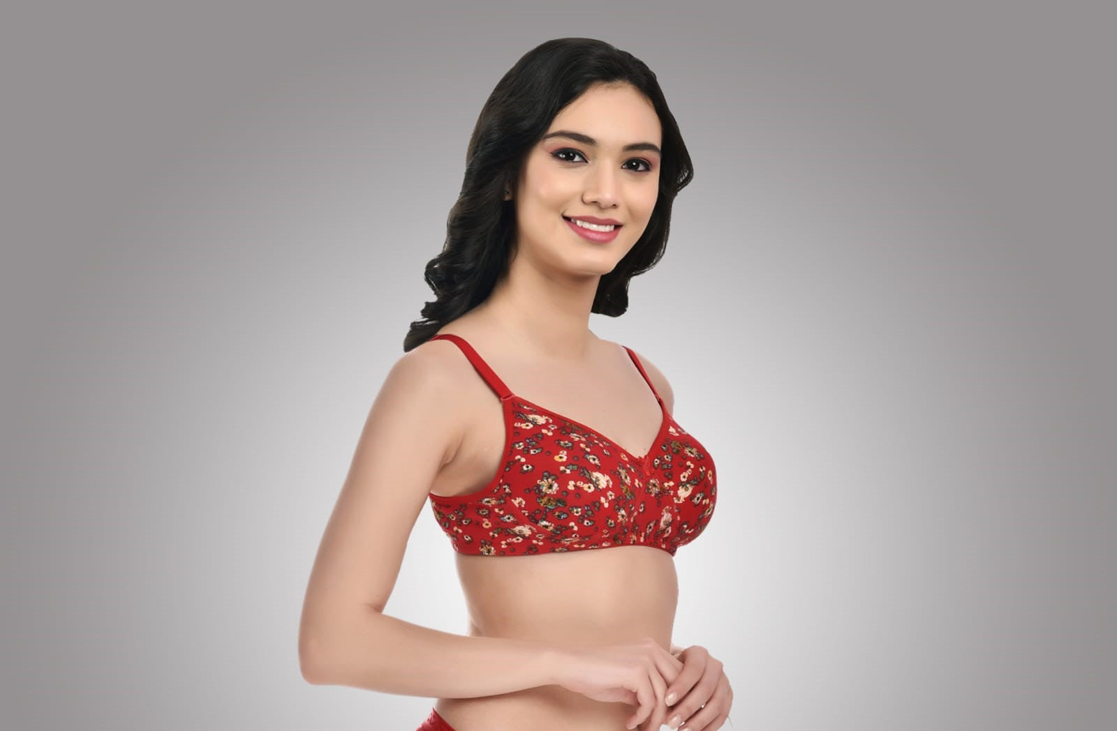 Side view of Liamoure Women Cotton Blend Printed Best Padded Bra Non Wired in red with floral print, offering seamless, lightly padded comfort for all-day wear. 