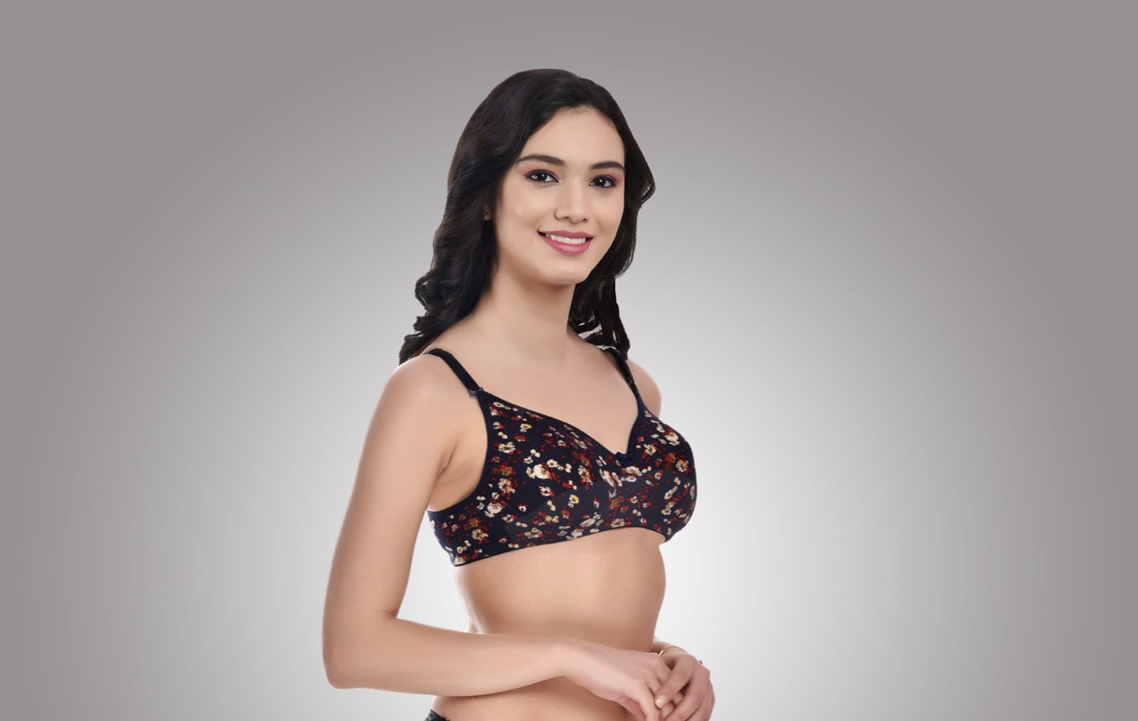 side view of Liamoure Women Cotton Blend Printed Best Padded Bra Non Wired in black with floral print, offering seamless, lightly padded comfort for all-day wear. 