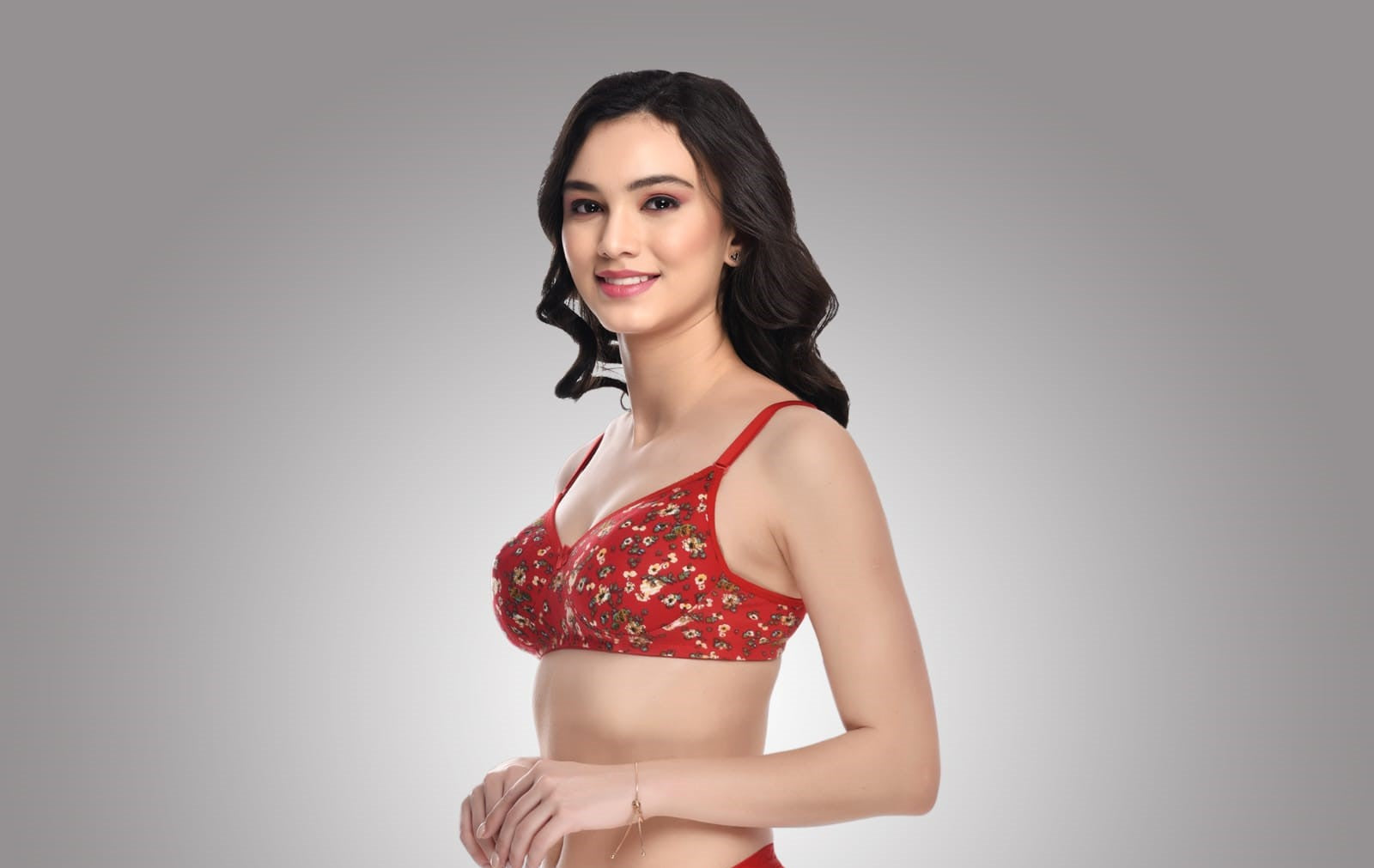 Liamoure Women Cotton Blend Printed Best Padded Bra Non Wired in red with floral print, offering seamless, lightly padded comfort for all-day wear.