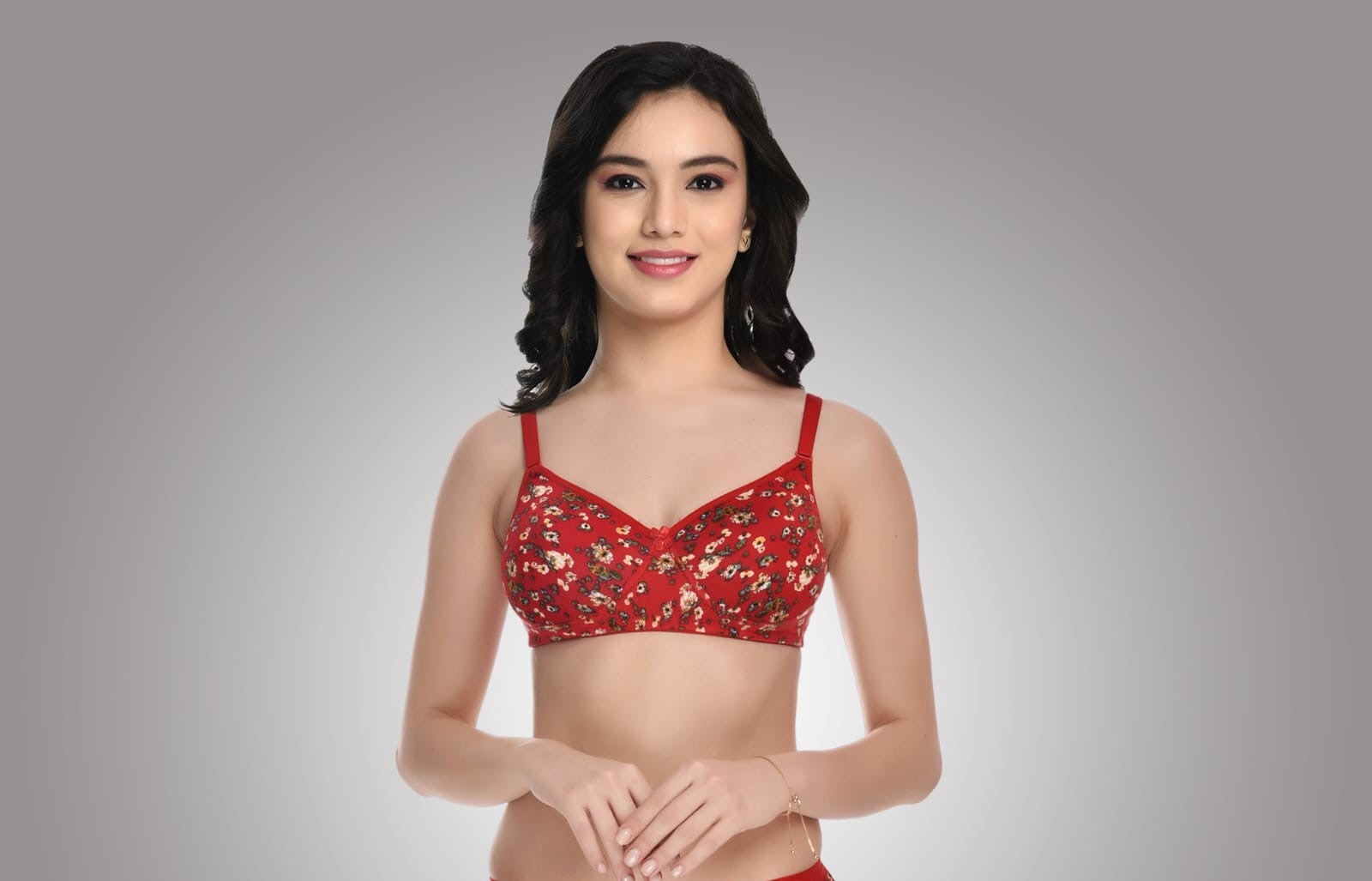Front View of Liamoure Women Cotton Blend Printed Best Padded Bra Non Wired in red with floral print, offering seamless, lightly padded comfort for all-day wear. 