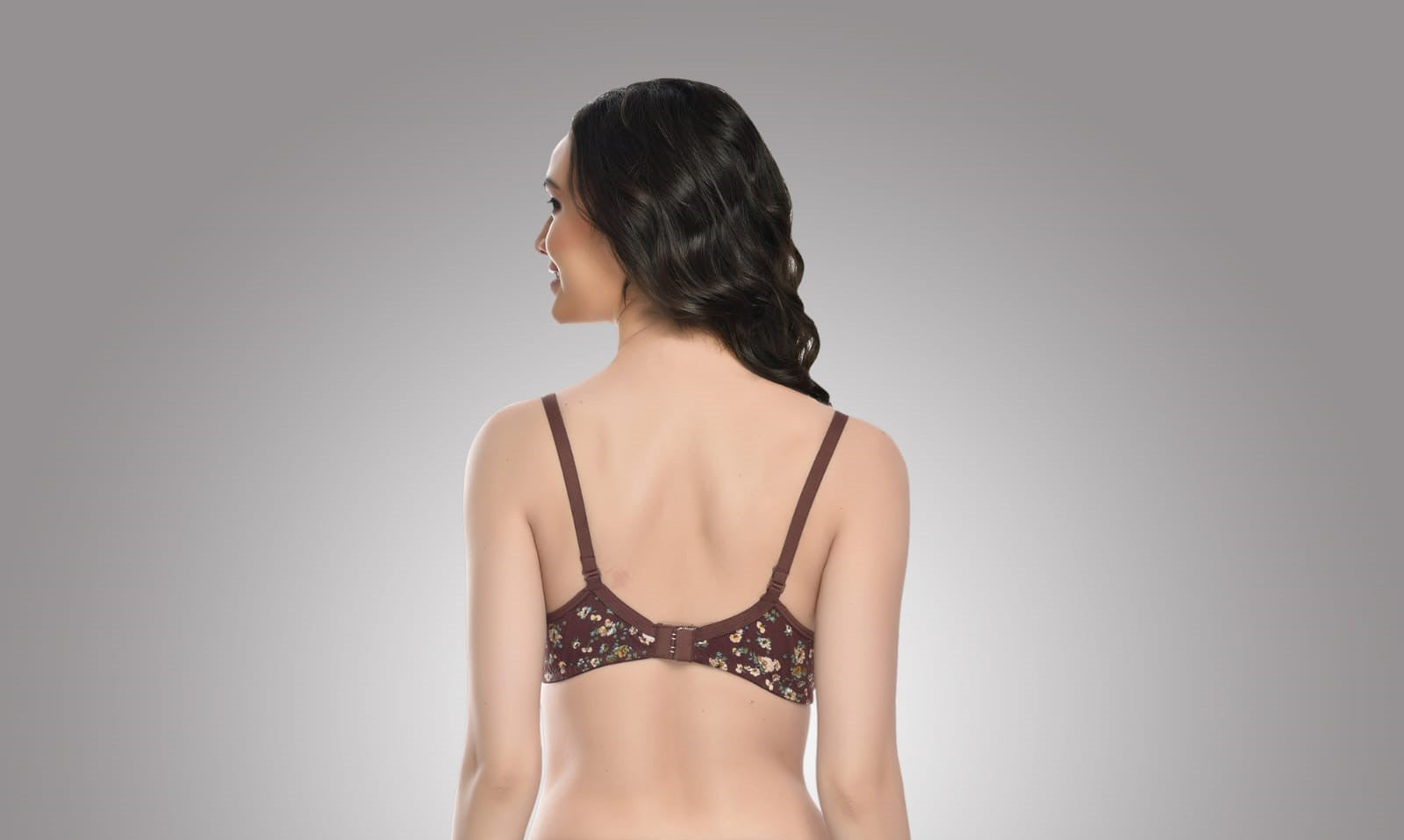 Back view of Liamoure Women Cotton Blend Printed Best Padded Bra Non Wired in coffee color with floral print, offering seamless, lightly padded comfort for all-day wear.