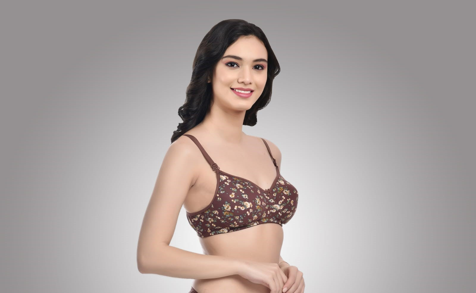 Side view of Liamoure Women Cotton Blend Printed Best Padded Bra Non Wired in coffee color with floral print, offering seamless, lightly padded comfort for all-day wear.